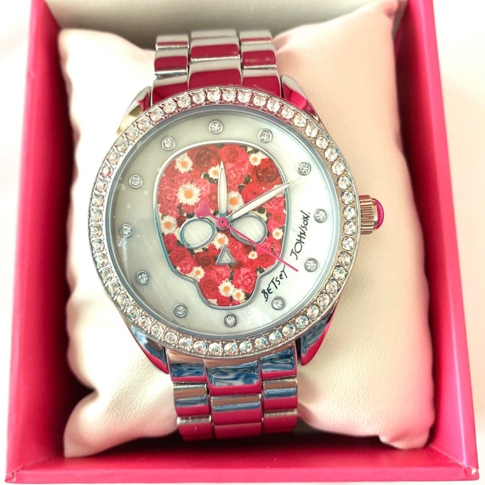 Betsey Johnson Silver and floral skull Crystal Watch